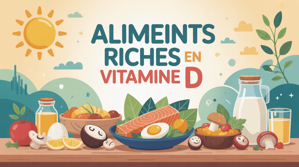Illustration aliments riches en vitamine D sur table équilibrée