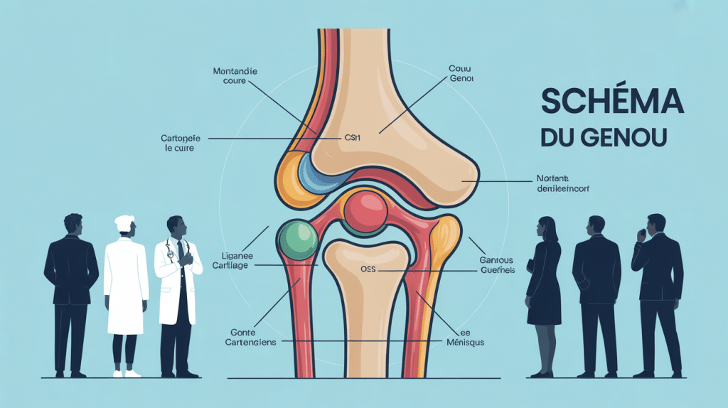 Articulation du genou schéma global avec os, ligaments, cartilage et ménisques colorés