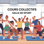 Groupe en cours collectif salle de sport ambiance motivante