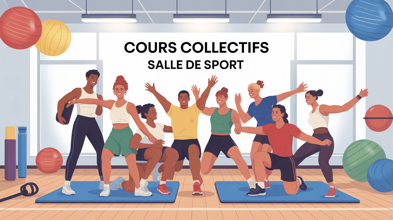 Groupe en cours collectif salle de sport ambiance motivante