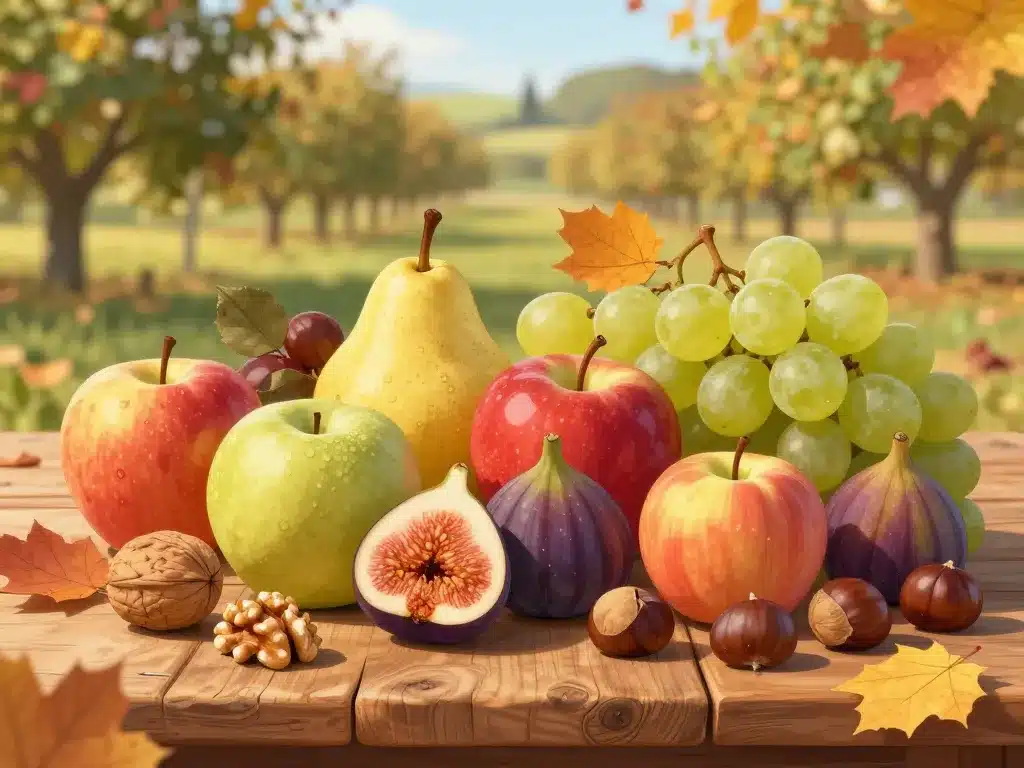 Panorama fruits de saison automne sur table