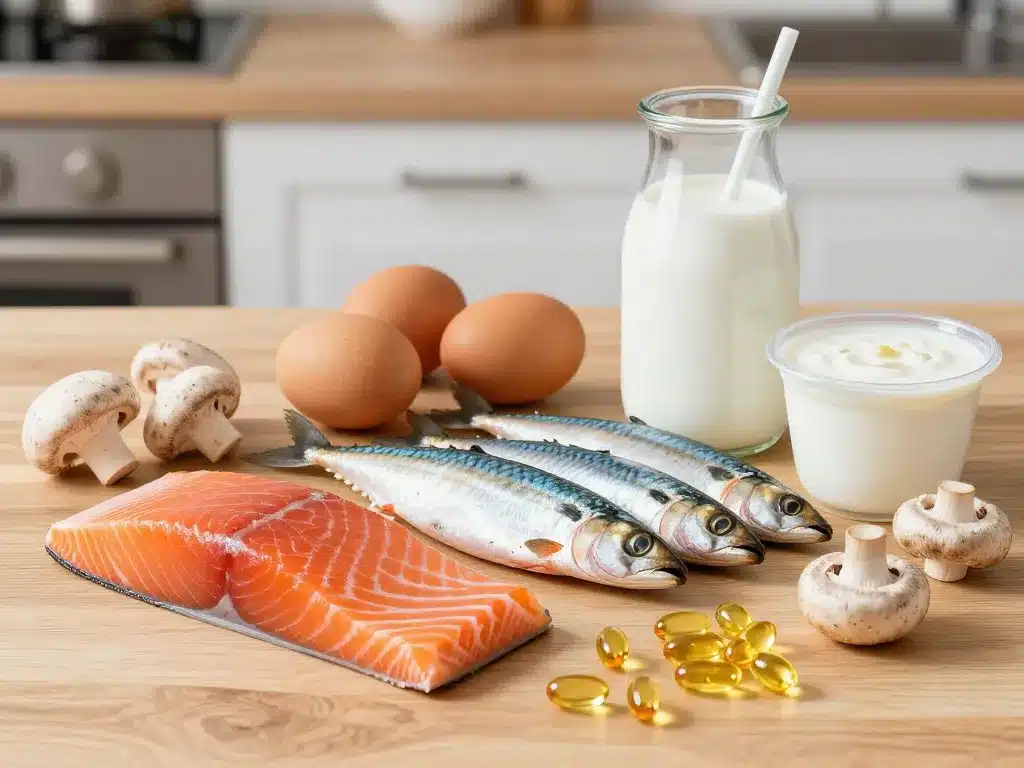 Principaux aliments riches en vitamines D sur table