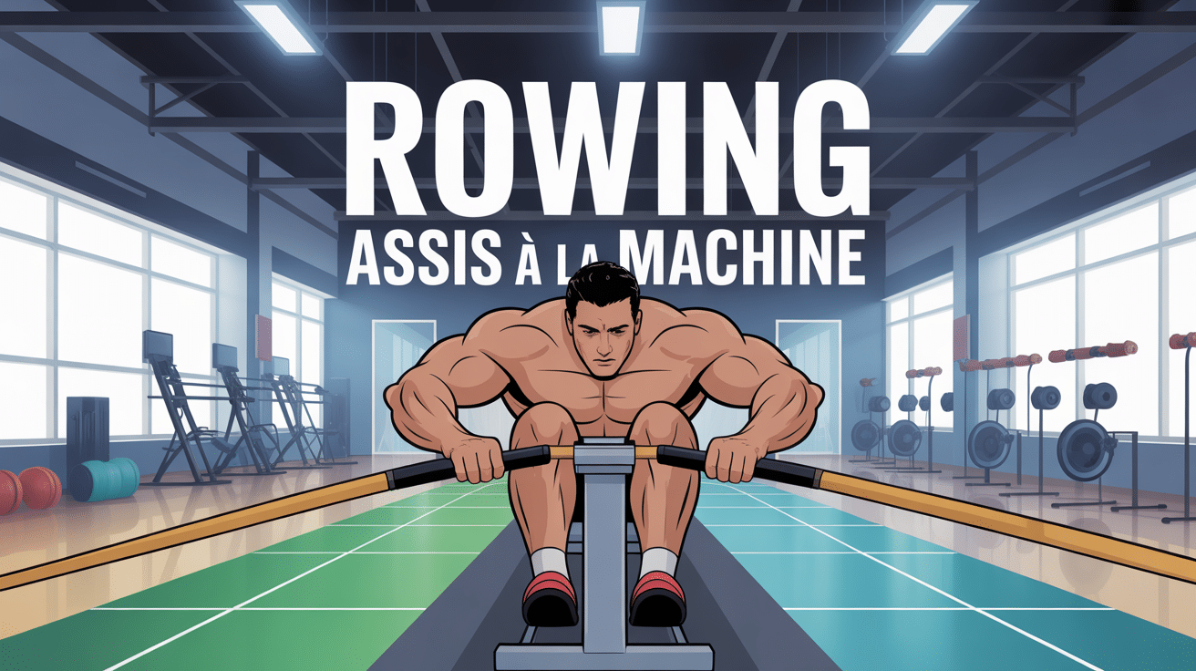 Illustration rowing assis a la machine salle de sport dos musclé