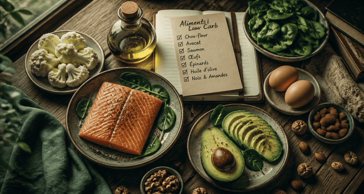 aliments pauvre en glucide sur table rustique