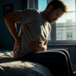 Constipation et mal de dos, homme assis tenant son bas du dos