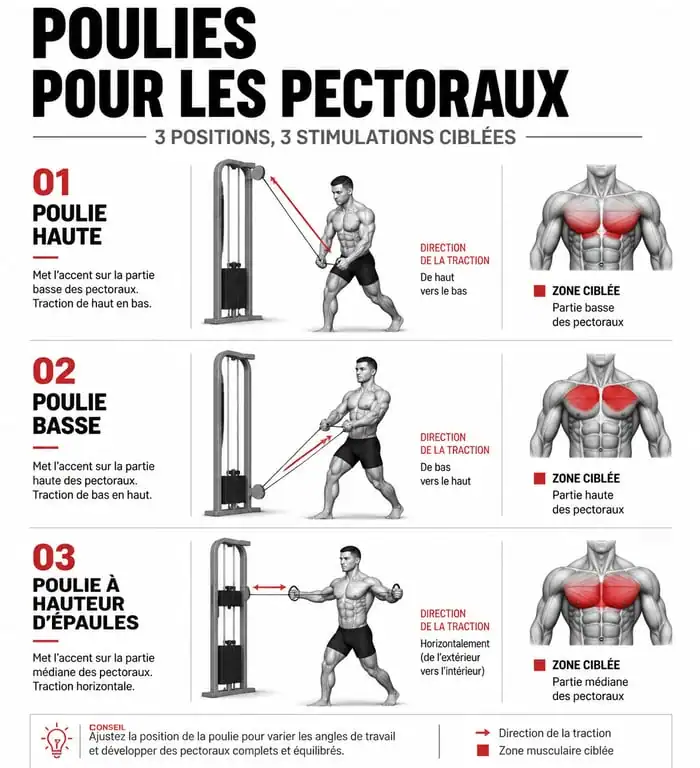 Schéma des 3 angles pour les exercices de pec à la poulie