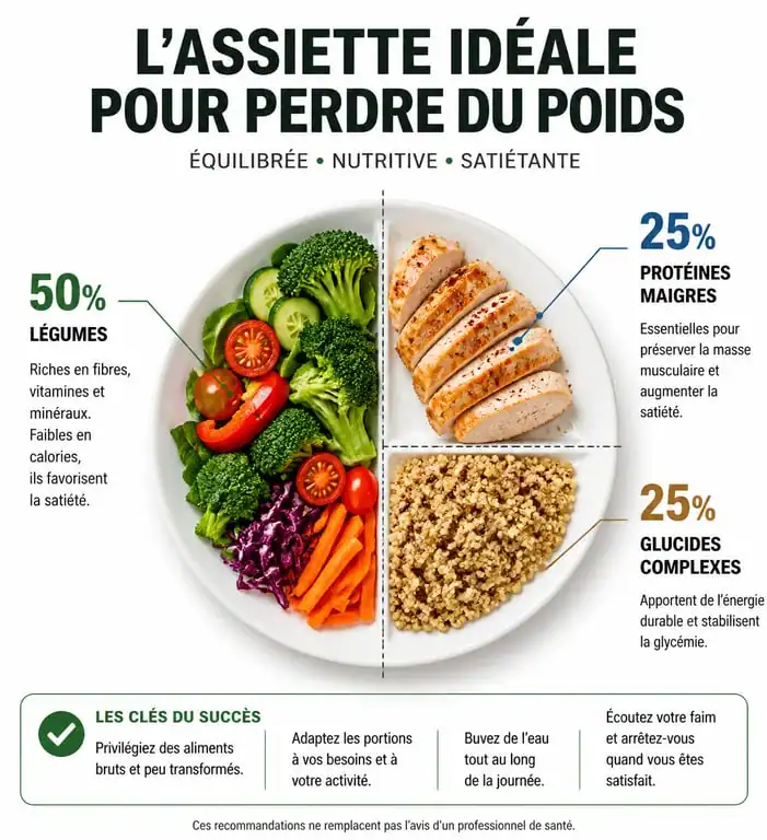 Infographie montrant la répartition des nutriments dans une assiette pour maigrir vite et bien