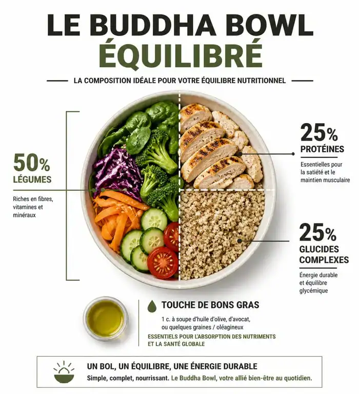 Infographie composition idéale Buddha Bowl pour maigrir sans régime