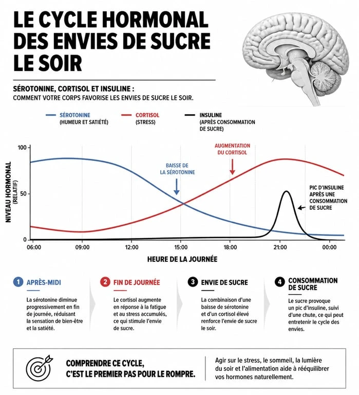 Infographie expliquant les mécanismes hormonaux et les envies de sucre le soir