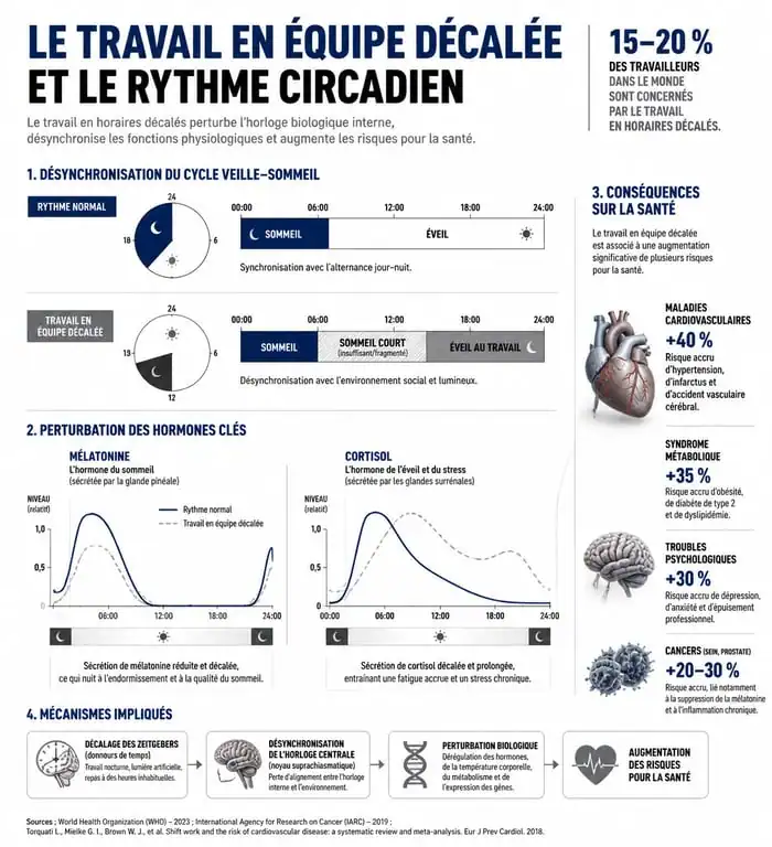 Infographie sur les impacts du travail posté sur le rythme circadien et la santé