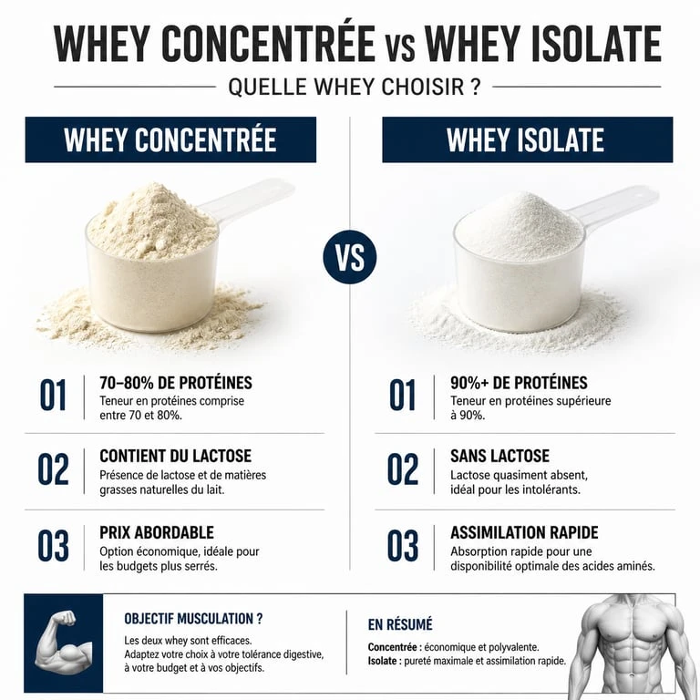 Infographie comparative : différence entre whey concentrée et whey isolate pour le choix de votre protéine