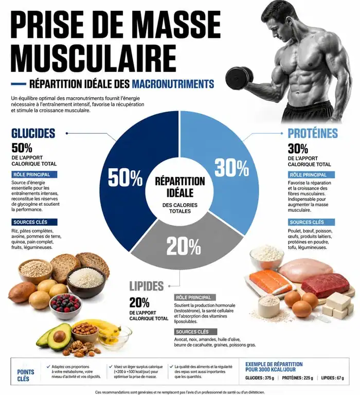 Infographie répartition macronutriments pour prise de masse musculaire