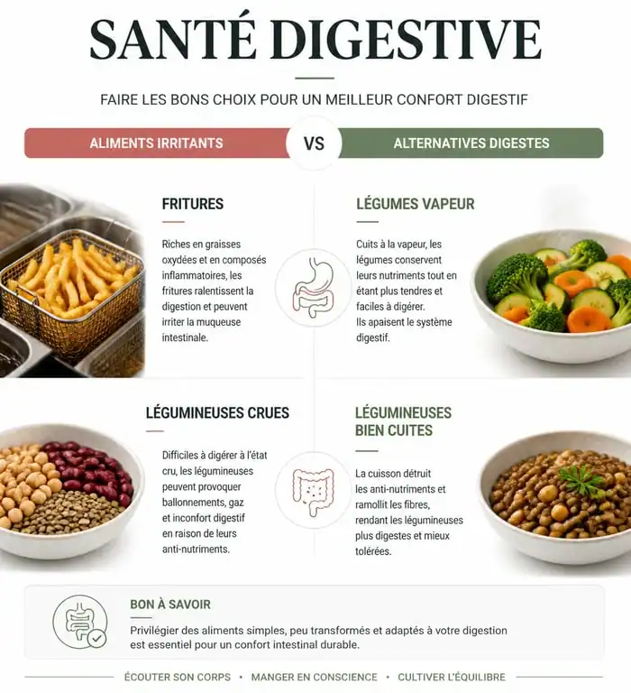 Infographie des aliments à éviter pour les problèmes de digestion et leurs alternatives saines