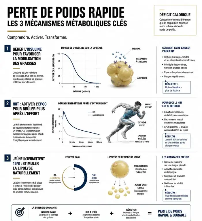 Infographie sur les mécanismes métaboliques pour perdre 5 kg en 10 jours