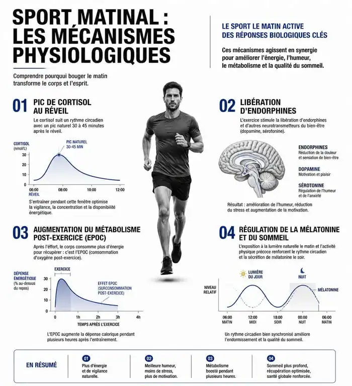 Infographie expliquant les bienfaits physiologiques du sport matinale sur le métabolisme et les hormones