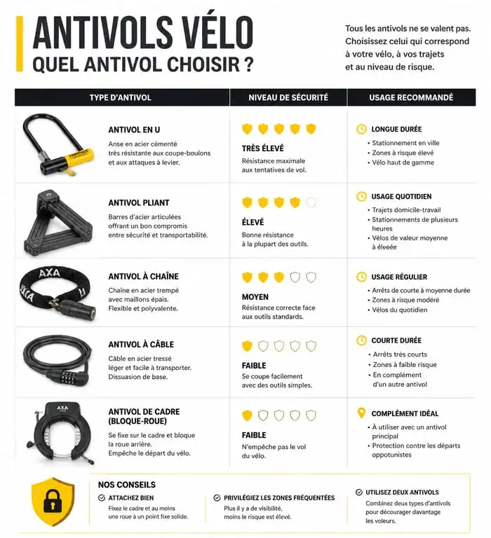 Infographie comparative des types d'antivols pour vélo : sécurité et usage