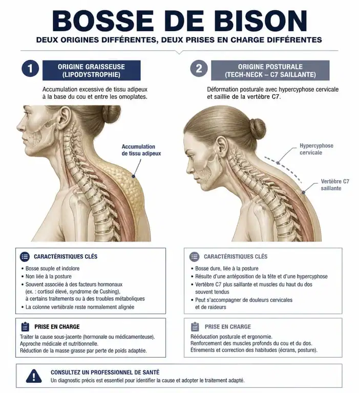 Schéma comparatif des causes de la bosse de bison : lipodystrophie vs posture tech-neck