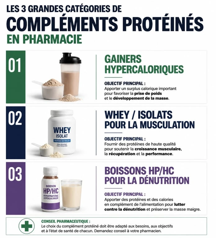 Infographie comparative des protéines pour grossir disponibles en pharmacie