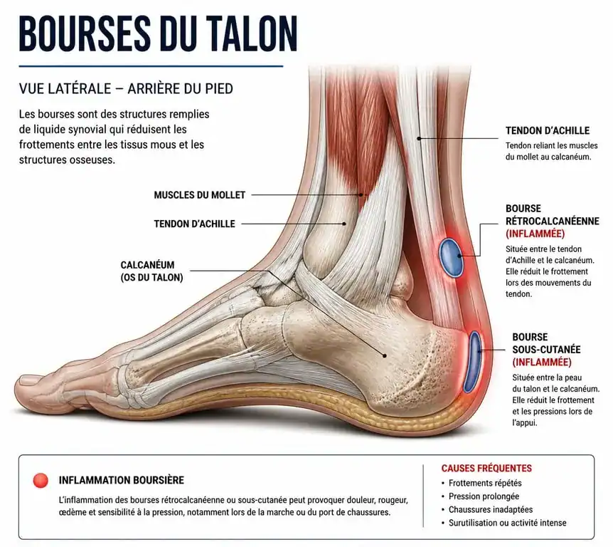 Schéma anatomique illustrant une bursite du talon avec inflammation des bourses séreuses