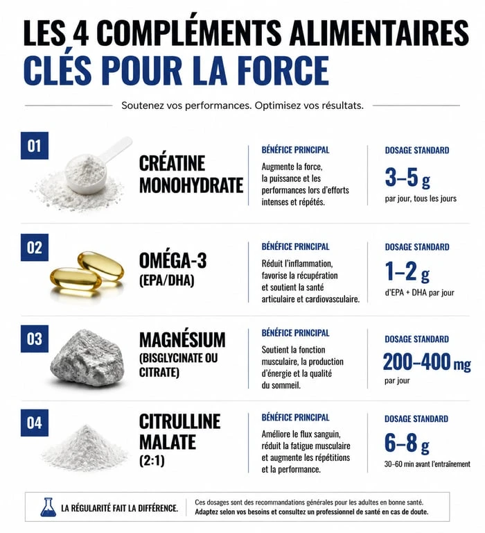 Infographie des compléments alimentaires essentiels pour la nutrition de la force et la performance athlétique