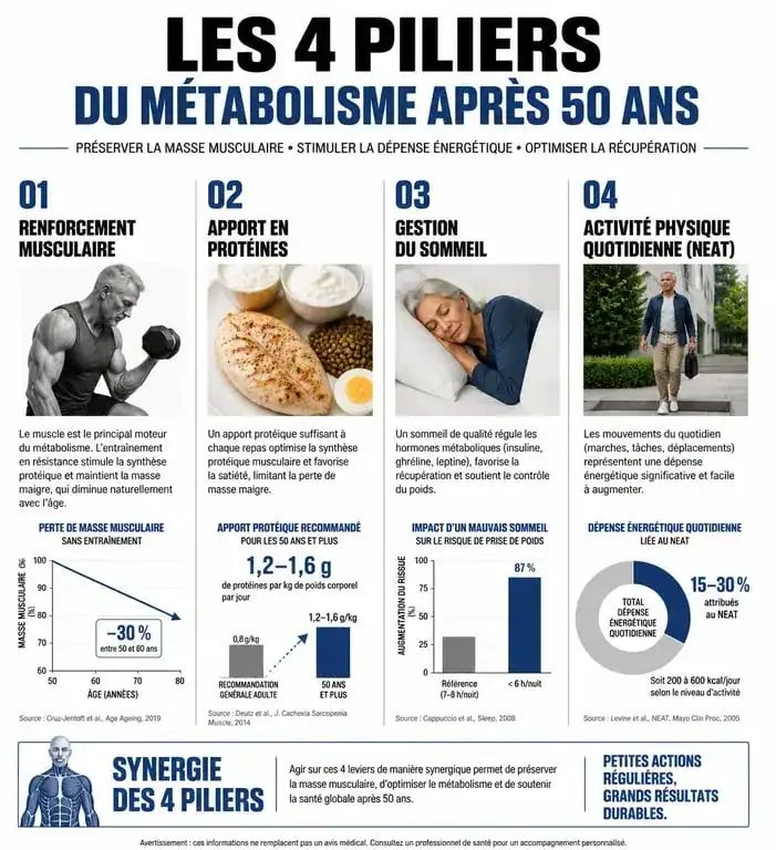 Infographie sur comment augmenter son métabolisme après 50 ans via le sport et l'alimentation