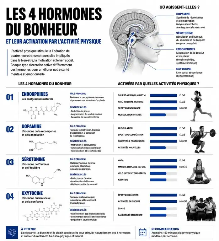 Infographie sur les hormones du bonheur et le sport