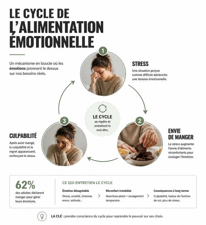 Infographie sur le cycle de l'alimentation émotionnelle et le manque de volonté pour maigrir