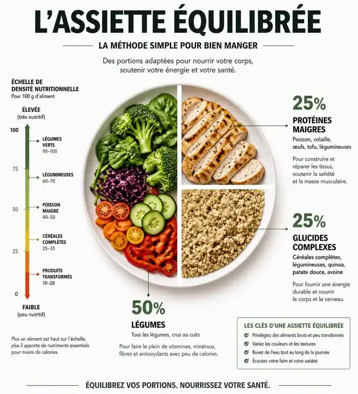 Infographie nutrition perdre du poids : composition idéale d'une assiette équilibrée pour la satiété