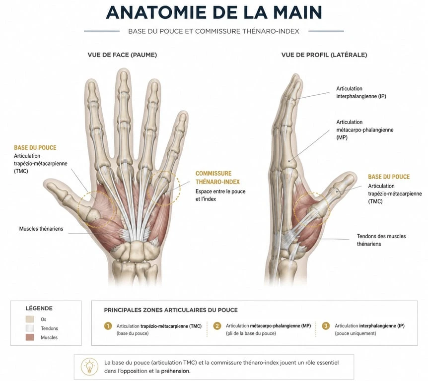 Schéma anatomique de la main pour comprendre la douleur entre pouce et index