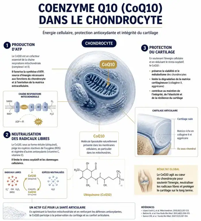 Schéma du mécanisme d'action de la coenzyme Q10 et arthrose dans le cartilage