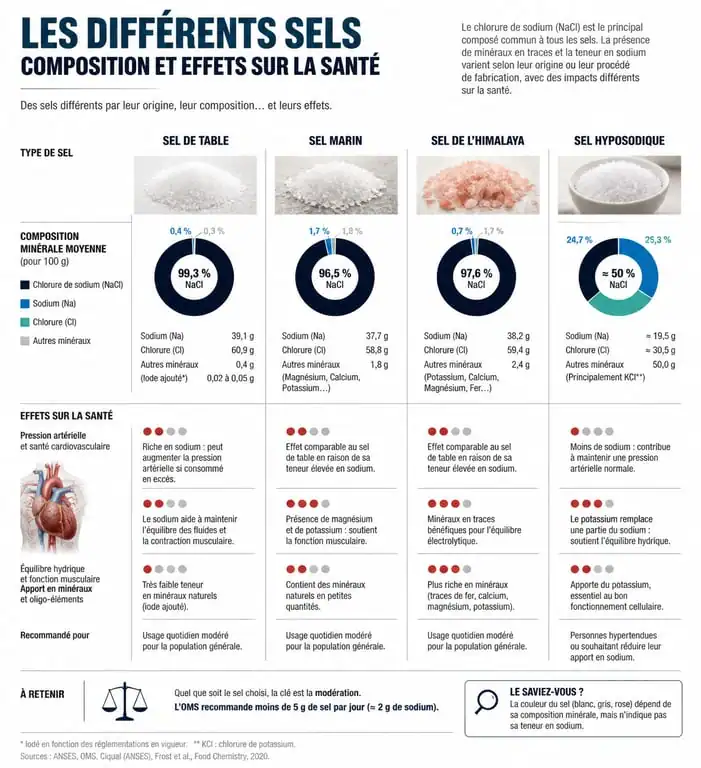 Infographie comparative des différents types de sel et leurs effets sur la santé