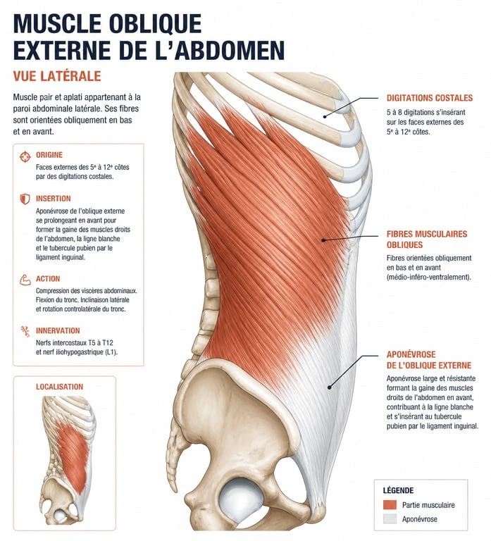 Schéma anatomique du muscle oblique externe de l'abdomen montrant ses insertions costales et son trajet