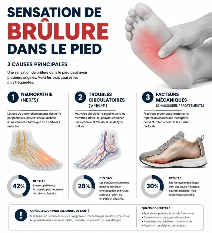 Schéma explicatif des causes de la sensation de brûlure dans le pied : neuropathie, circulation sanguine et facteurs mécaniques.
