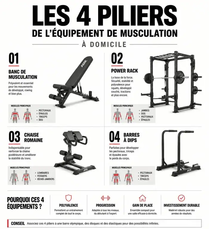 Infographie des équipements essentiels pour la musculation à domicile