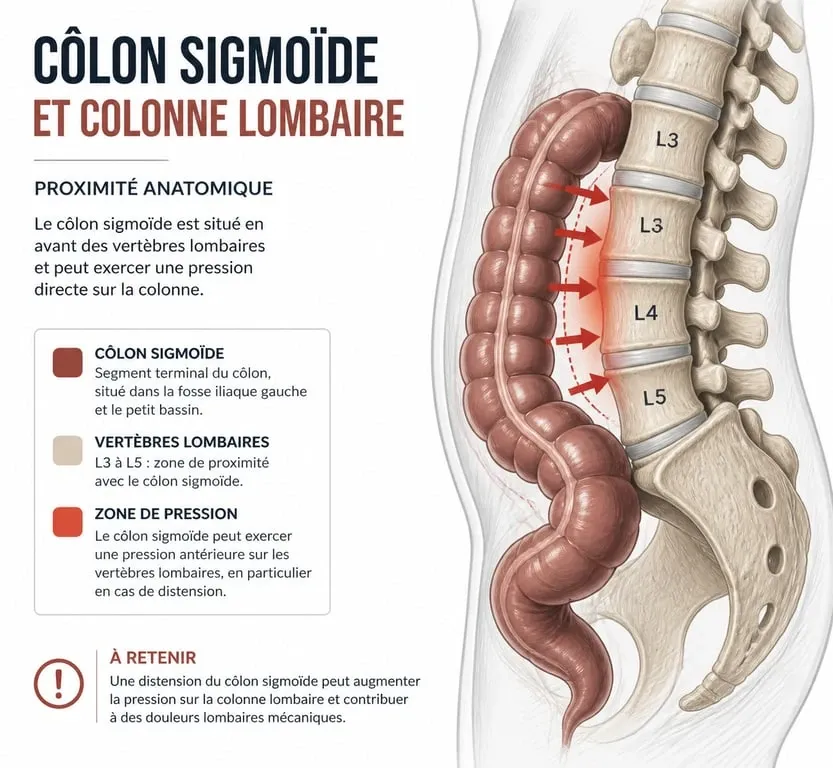 Schéma anatomique illustrant la relation entre le côlon et les vertèbres lombaires lors d'une constipation et mal de dos.