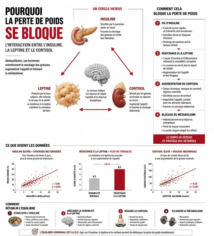 Infographie expliquant pourquoi je n'arrive pas à maigrir : rôle de l'insuline, de la leptine et du cortisol dans le métabolisme