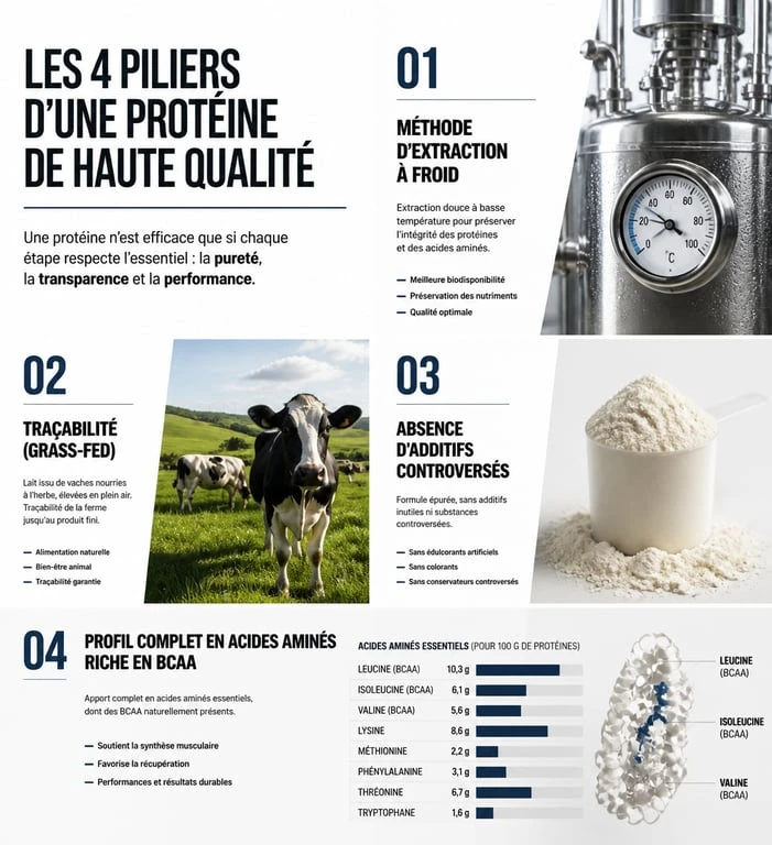 Infographie des critères pour choisir la meilleure marque de protéine de qualité