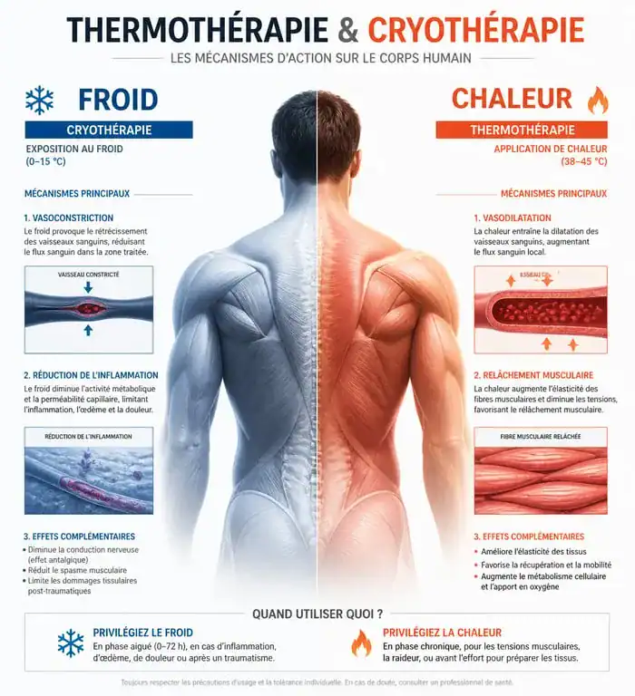 Infographie comparative chaud ou froid pour soulager le mal de dos : mécanismes de vasoconstriction et vasodilatation