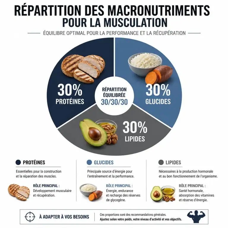 Infographie nutrition pour la musculation : répartition des macronutriments