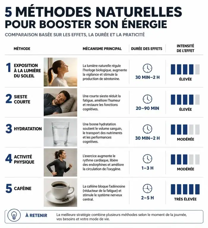 Infographie des méthodes pour avoir de l'énergie rapidement : lumière, sieste, hydratation, mouvement et caféine.