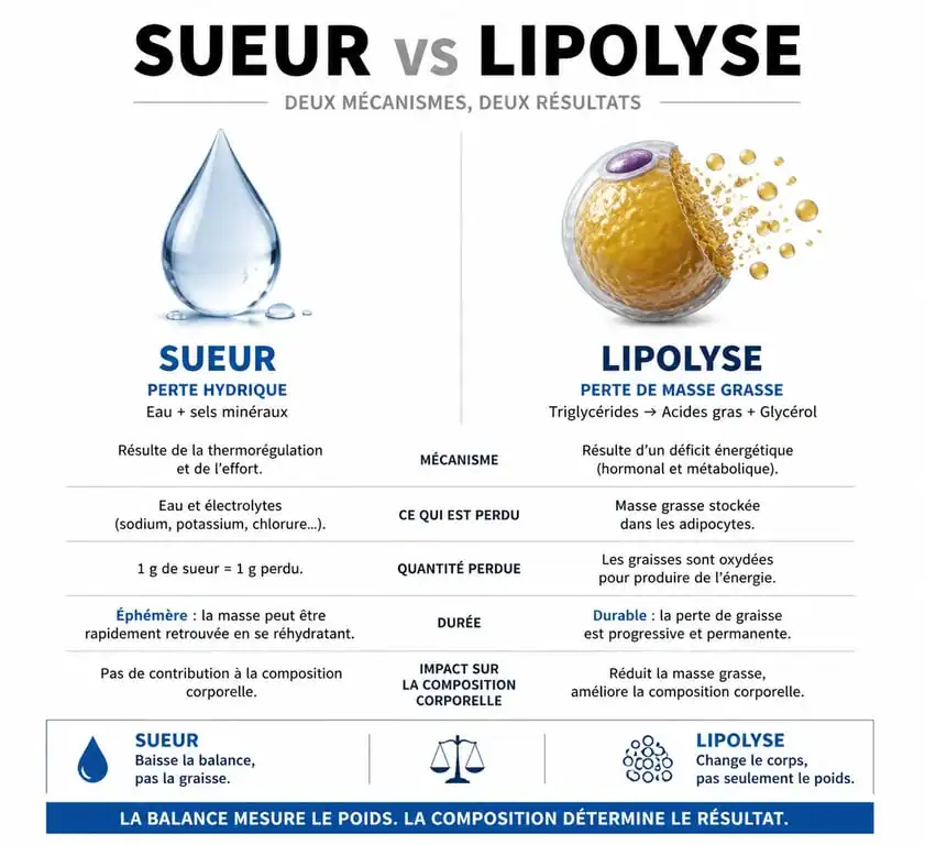 Infographie comparative : différence entre perte d'eau par la transpiration et perte de graisse durable pour maigrir