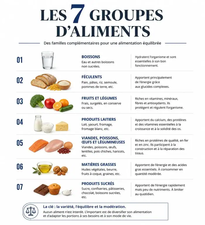 Infographie des 7 groupes d'aliments pour une alimentation équilibrée
