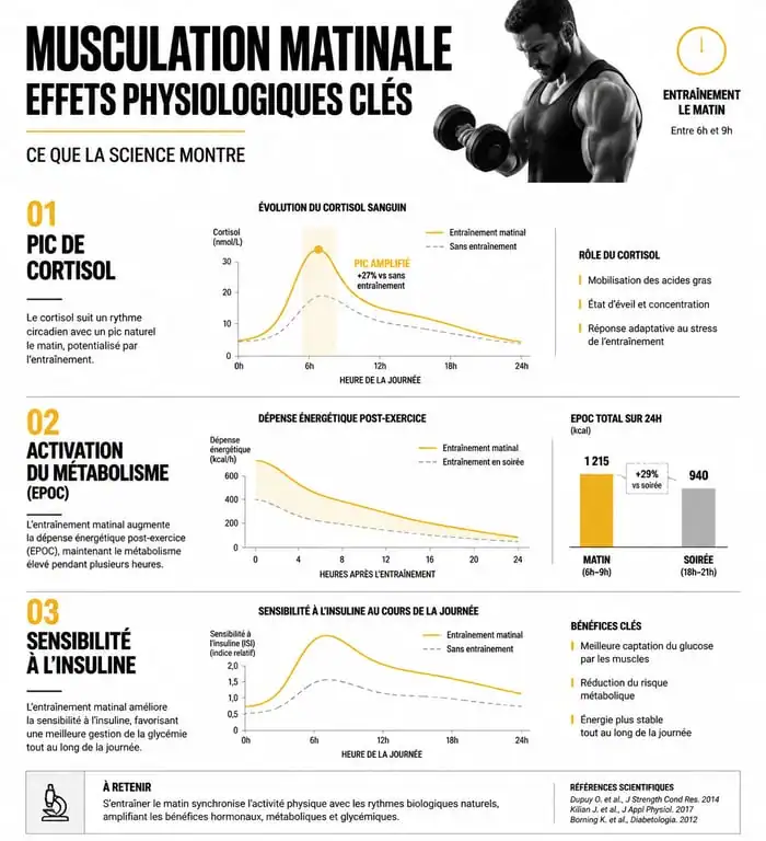 Infographie sur les bienfaits physiologiques de la musculation le matin