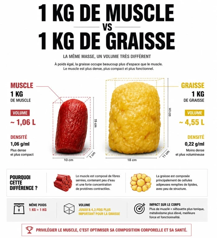Infographie comparant le volume du muscle et de la graisse pour expliquer pourquoi on ne perd pas de poids mais on s'affine
