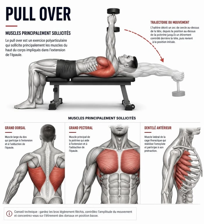 Schéma anatomique des muscles sollicités pendant l'exercice de musculation pull over