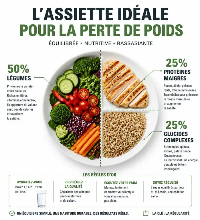 Infographie composition assiette équilibrée pour la perte de poids