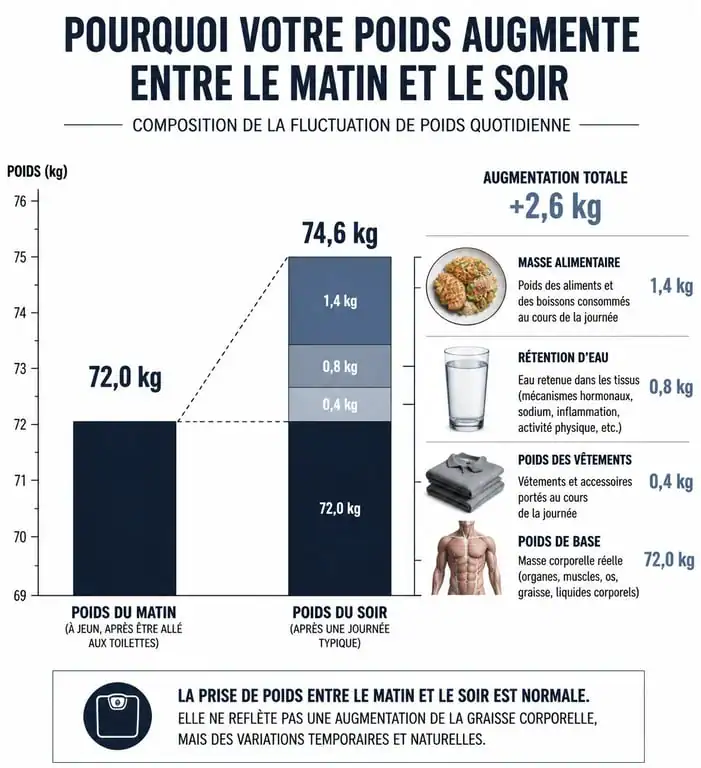 Infographie montrant les causes de la variation de poids entre le matin et le soir pour une meilleure compréhension des fluctuations physiologiques