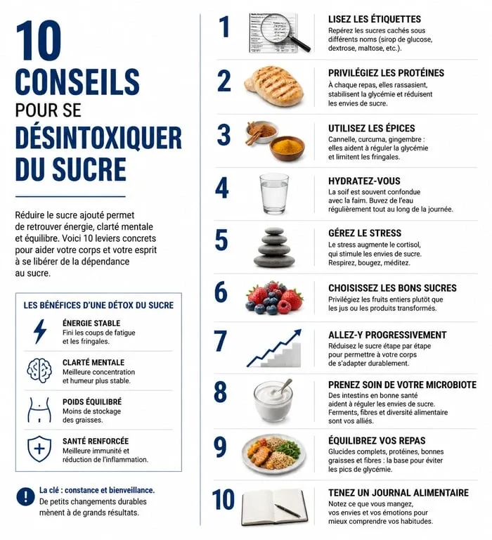 Infographie des 10 conseils pour se désintoxiquer du sucre et retrouver une énergie stable