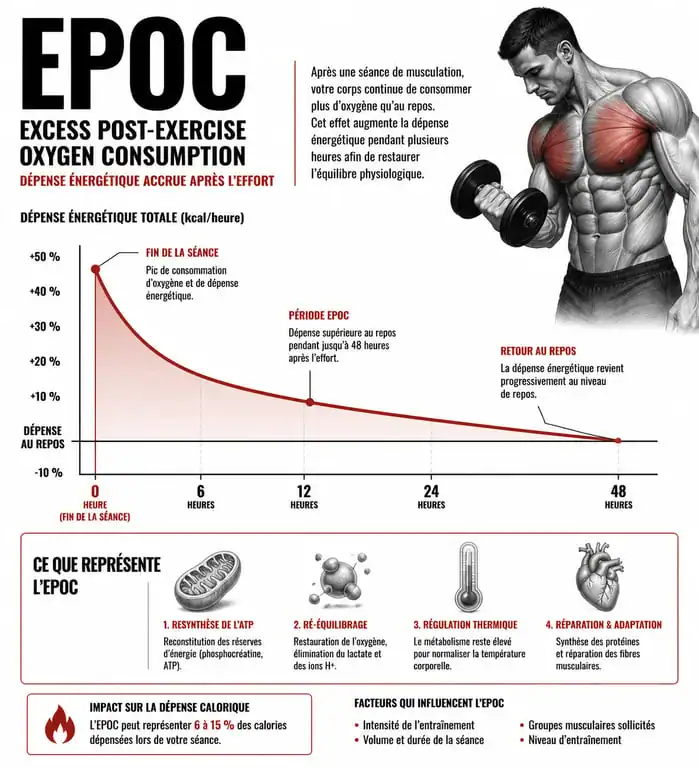 Infographie expliquant l'effet EPOC et la perte de poids par la musculation
