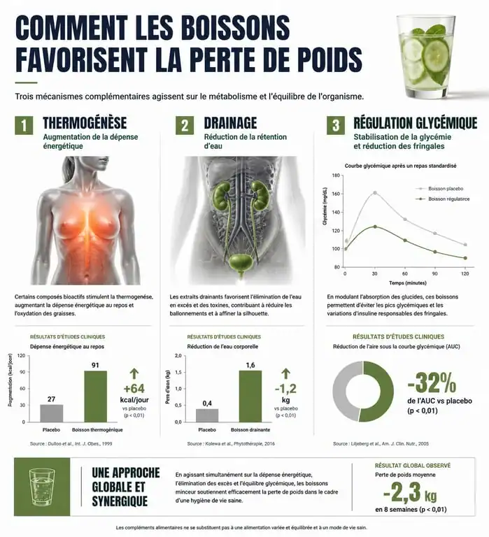 Infographie sur les mécanismes des boissons pour perdre du poids : thermogenèse, drainage et régulation glycémique